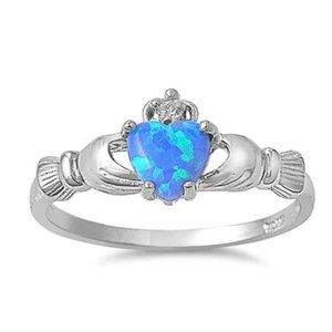 Lab Created Blue Opal Claddagh Ring .925 Sterling Silver Ring